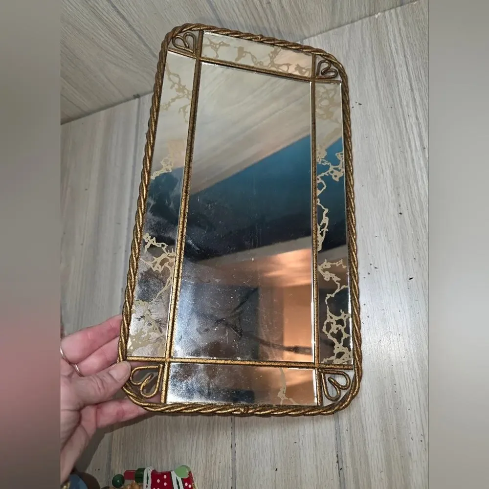 Vtg 70s Ornate Vanity Tray Gilded Gold Twisted Metal Mirrored Accent Mirror MCM